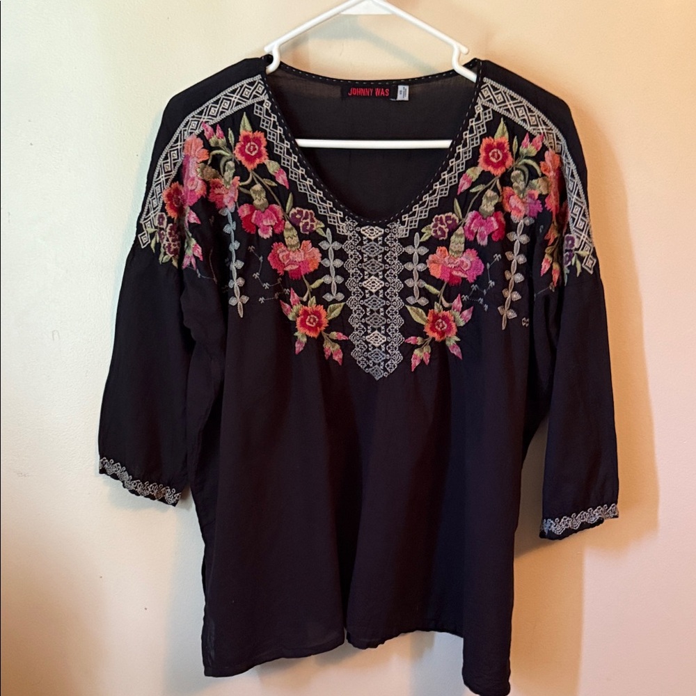 Johnny Was Black Top with Pink Floral Embroidery